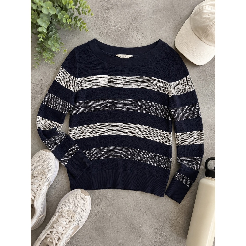 Market & Spruce Navy Blue White Striped Waffle Knit Boat Neck Sweater Womens M